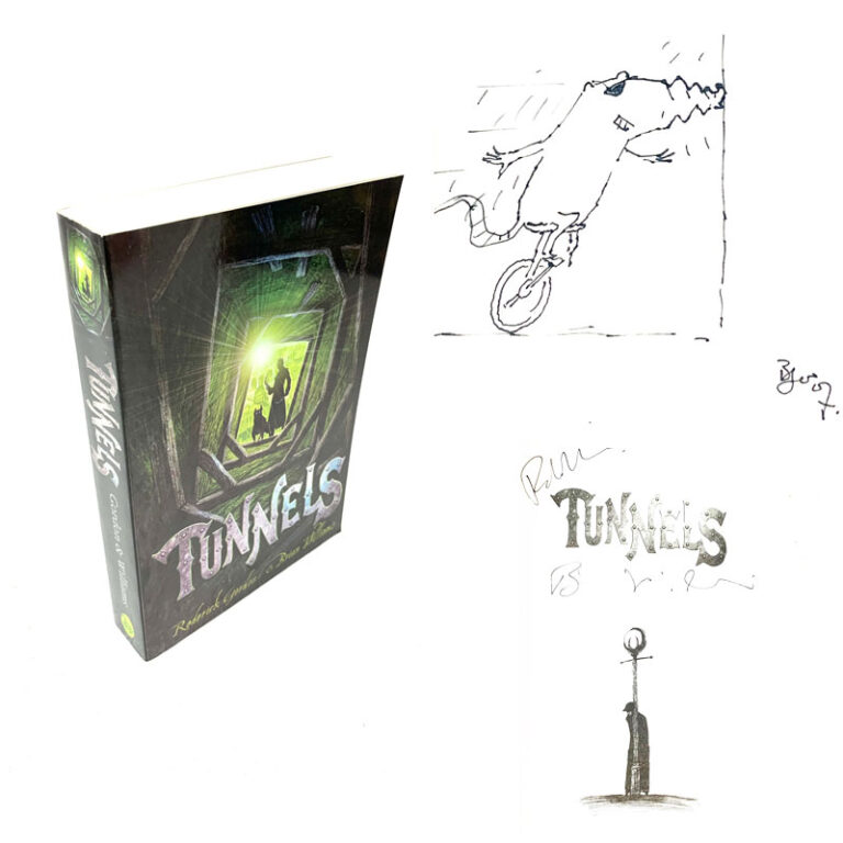 Tunnels signed first edition by Roderick Gordon & Brian Williams – Mole on a Unicycle doodle